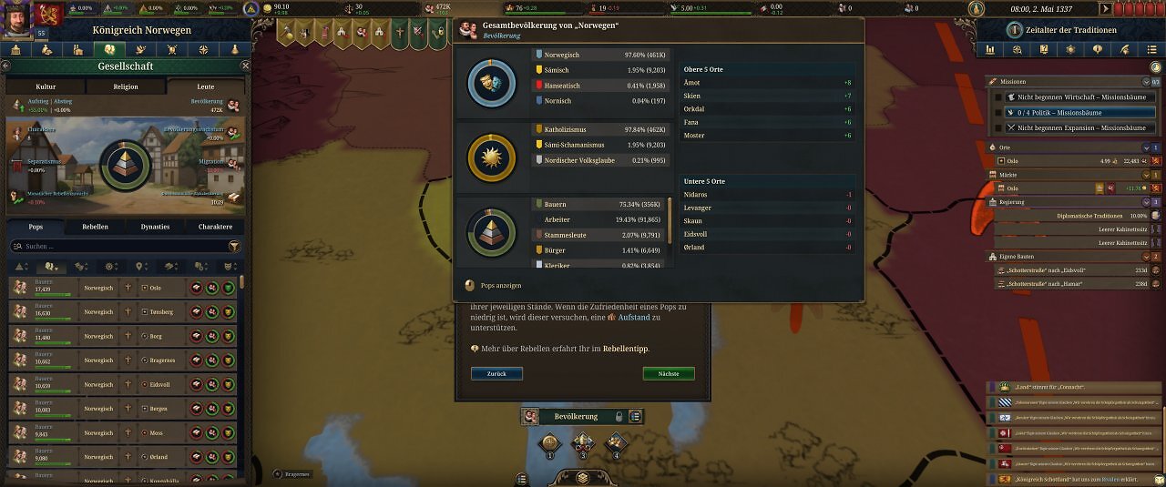 Die Spieloberfl&auml;che von Europa Universalis 5: Eine farbige Landkarte mit unz&auml;hligen Men&uuml;s.