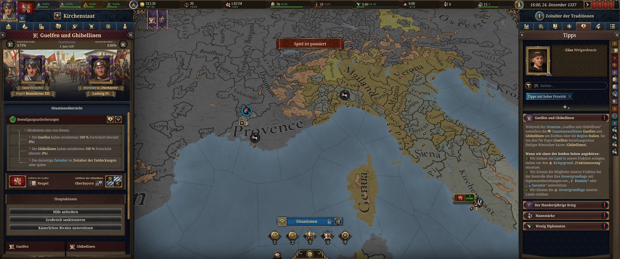 Die Spieloberfläche von Europa Universalis 5: Eine farbige Landkarte mit unzähligen Menüs.