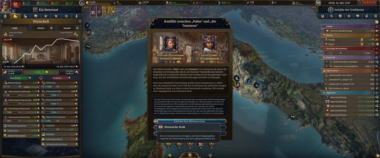 Die Spieloberfläche von Europa Universalis 5: Eine farbige Landkarte mit unzähligen Menüs.