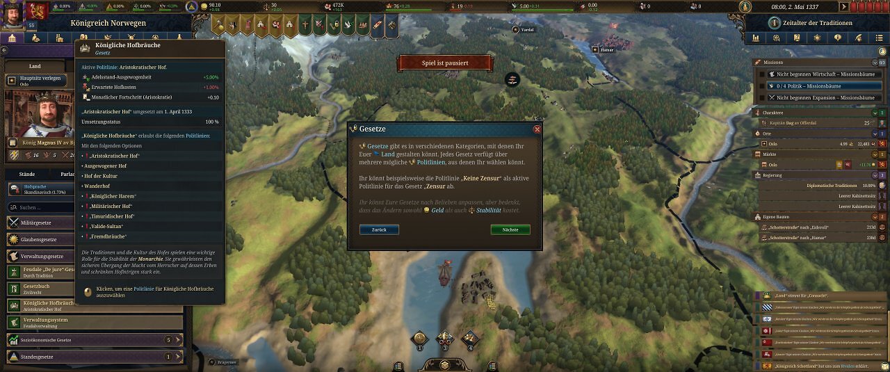 Die Spieloberfläche von Europa Universalis 5: Eine farbige Landkarte mit unzähligen Menüs.