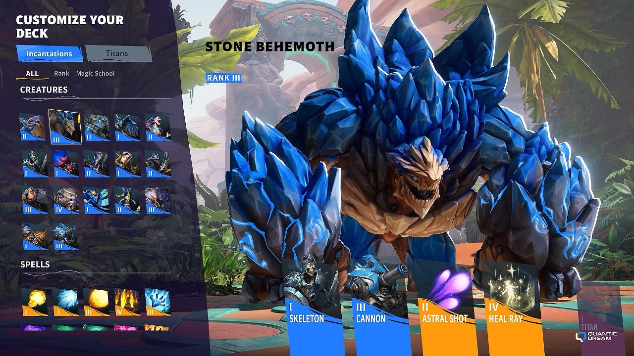 Übersicht Deck-Building-Menü. Rechts ein blaues Steinmonster.
