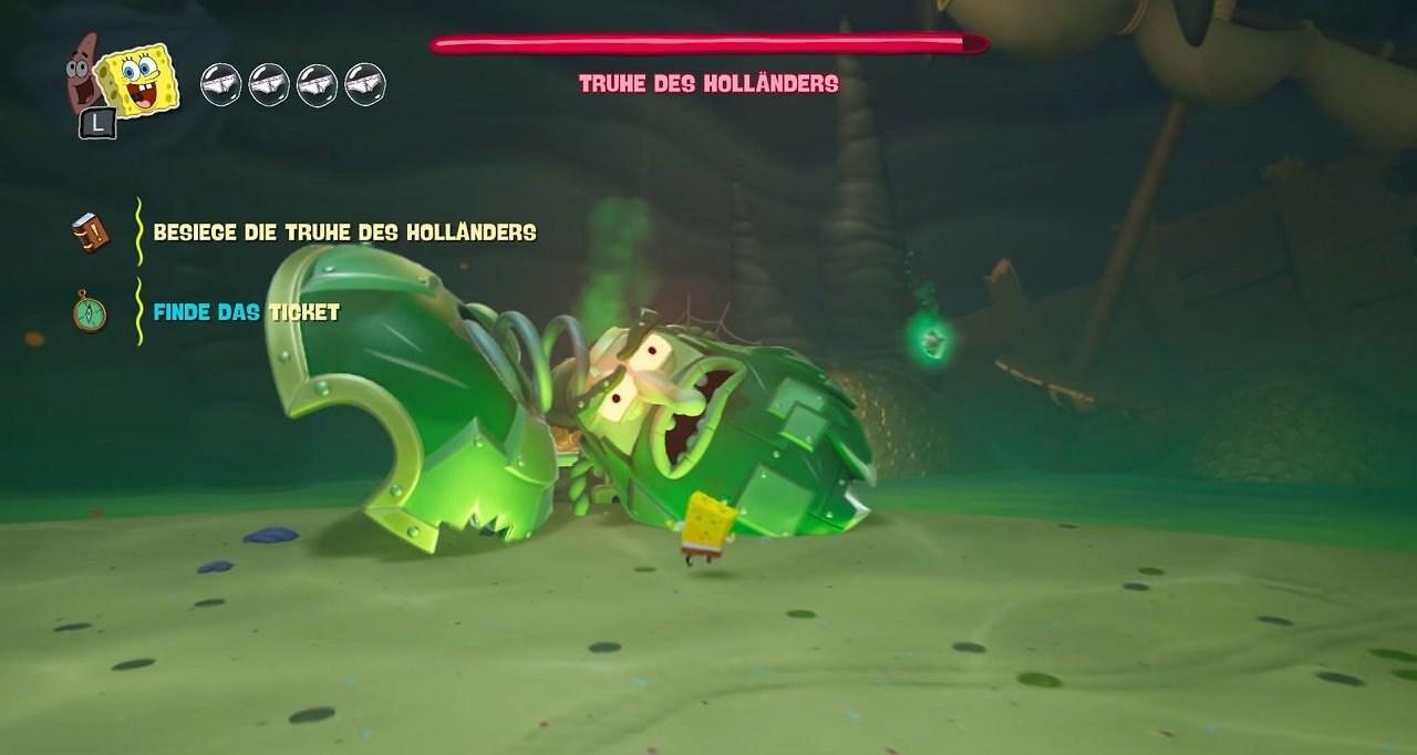 [17/11/2025] Der Bosskampf gegen die Truhe des fliegenden Holländers ist sehr abwechslungsreich und erfordert sowohl SpongeBobs als auch Patricks Fähigkeiten.