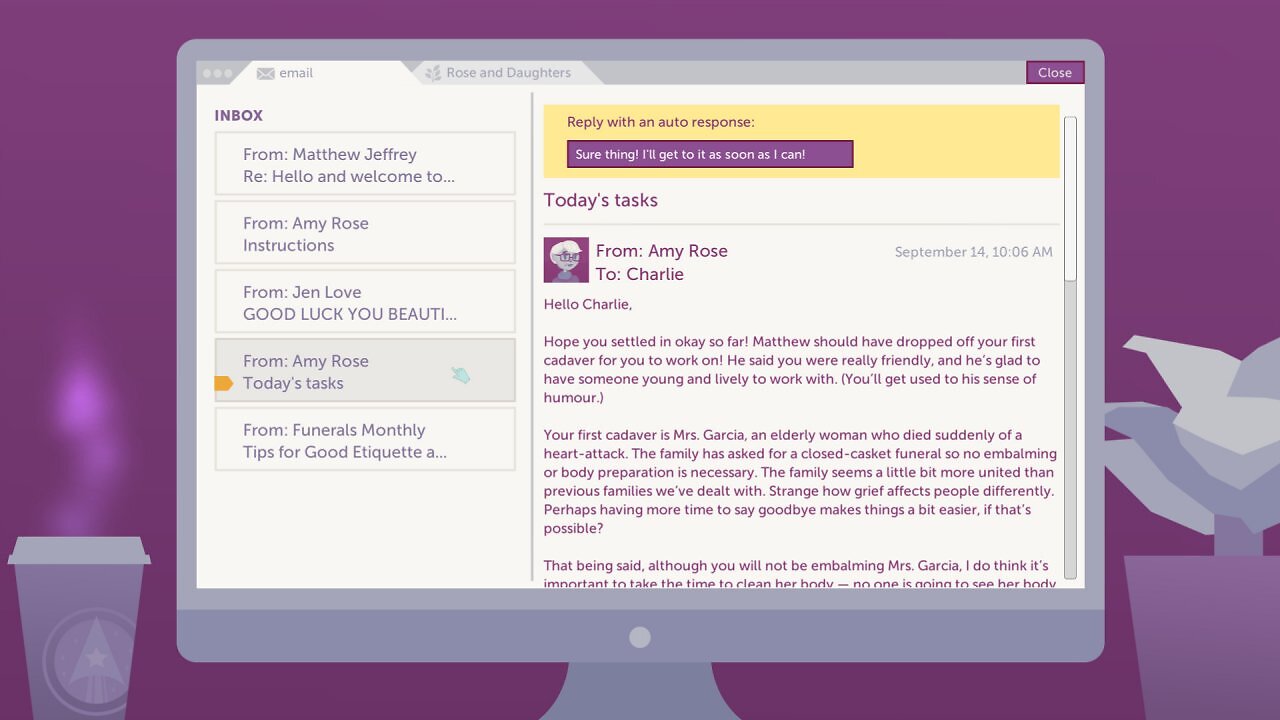 [09/12/2025] Das meiste Storytelling in A Mortician's Tale geschieht über E-Mails. Über einen Newsletter bekommen wir zudem Einblick in ethische Dilemmata und andere mögliche Probleme in der Bestattungsindustrie.