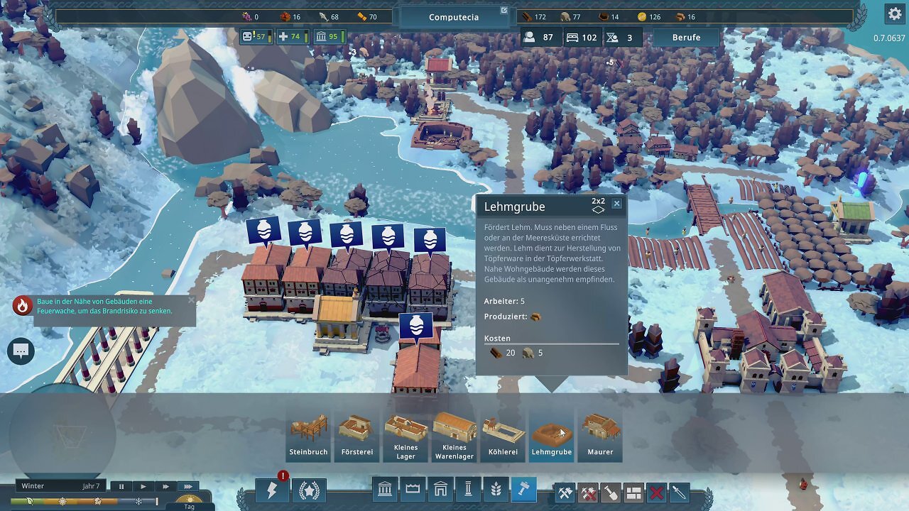 [03/12/2025] Es gibt bereits Jahreszeiten und der Winter hat sogar Einfluss aufs Gameplay. Hier verlieren wir alle Ressource, die wir nicht lagern können, und müssen unsere Wohnungen mit Kohle heizen.