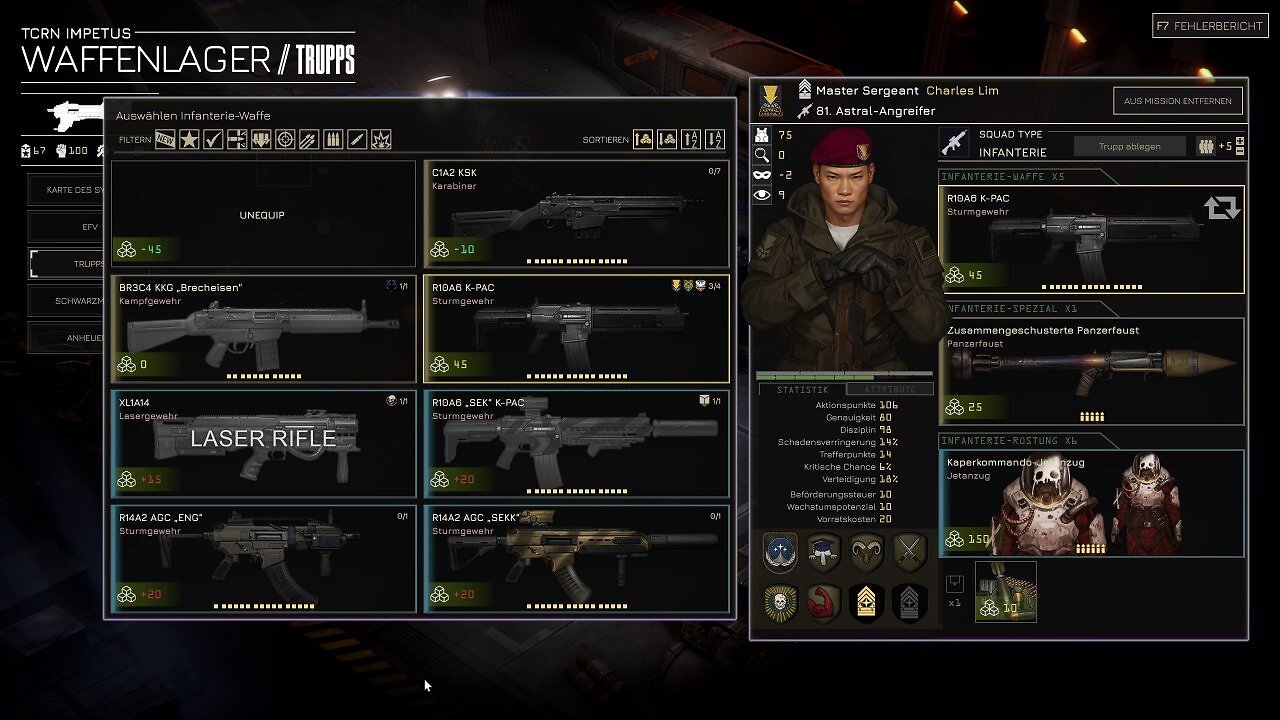 Zwischen den Missionen rüsten wir unsere Truppen mit Waffen, Rüstungen und sonstigen Items aus. Je besser die Ausrüstung ist, desto mehr Versorgungspunkte verbraucht ein Squad.
