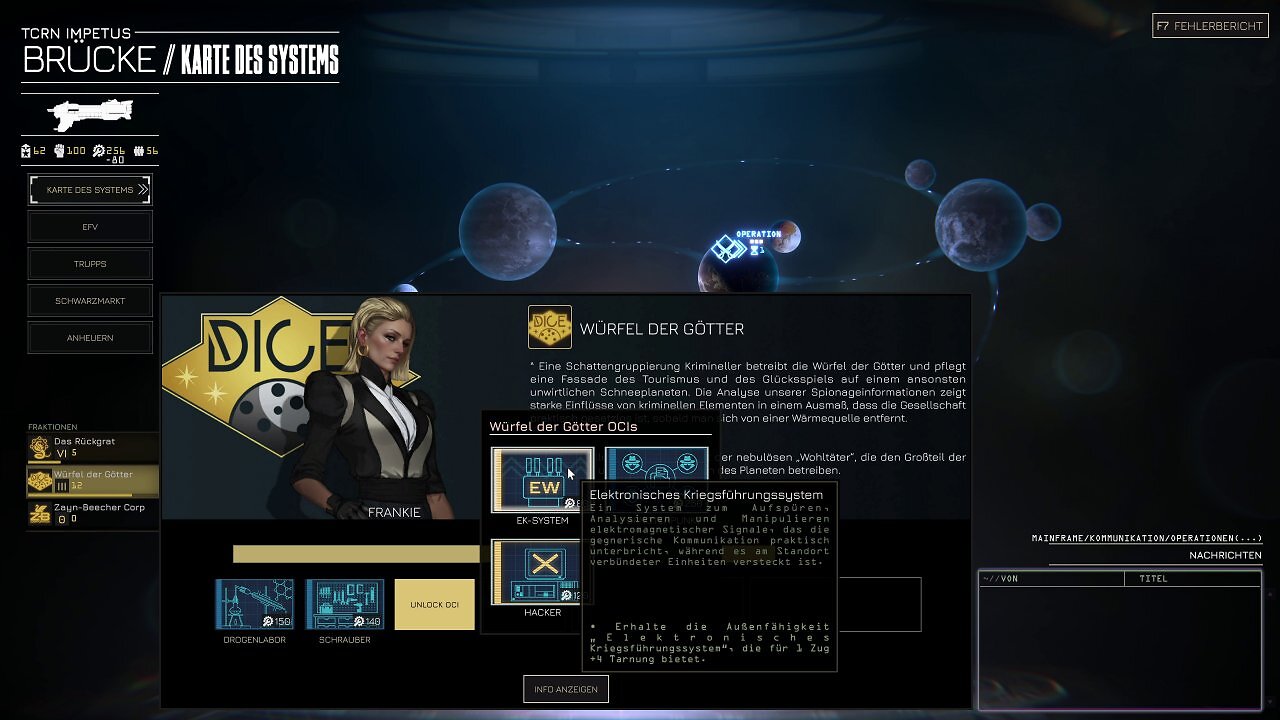 Wenn wir genug Operationen für eine Fraktion erledigen, steigen wir in ihrer Gunst und können neue Module für den Kreuzer freischalten.