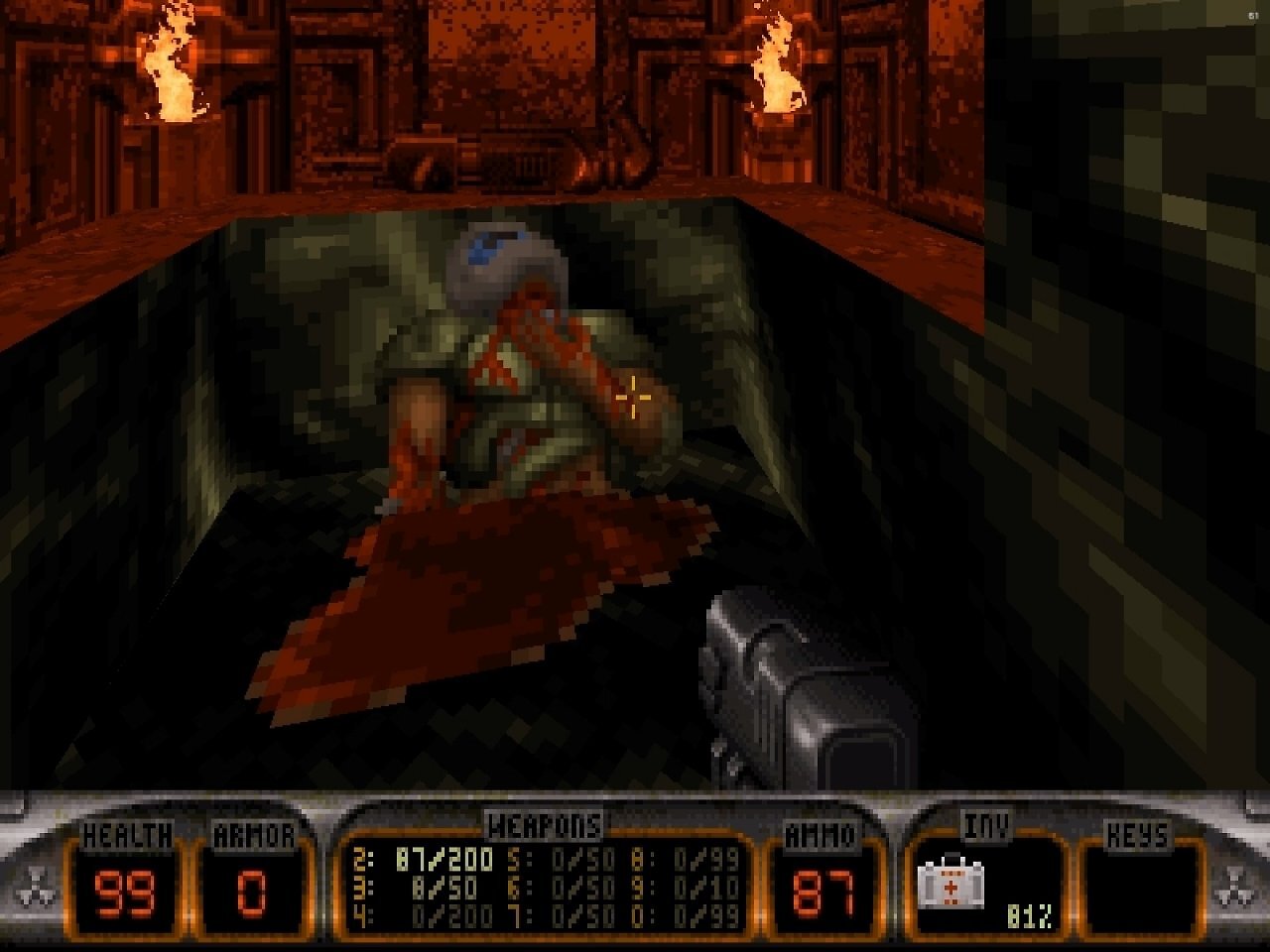 [08/02/2026] Easter Egg: Im dritten Level entdecken wir den übel zugerichteten Marine aus Doom.&nbsp;