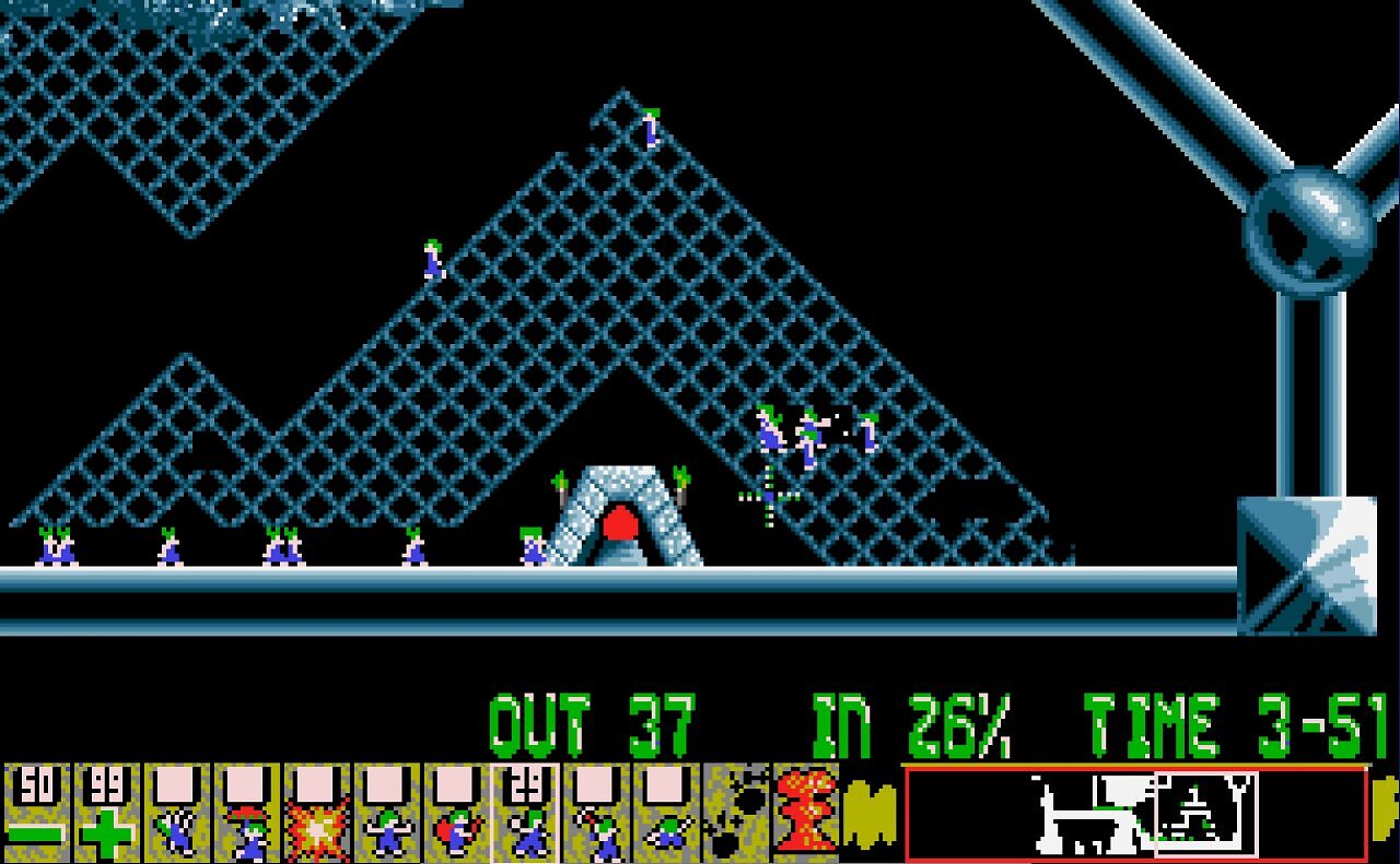 [03/02/2026] In einigen Levels ist die Orientierung erheblich erschwert. In diesem Gitternetz laufen die Lemmings kreuz und quer durcheinander. Auch die Basher kommen mit den vielen Lücken nicht zurecht.