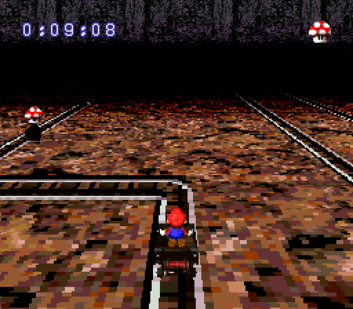 [31/03/2026] In dem Moleville Mountain Mine Cart Minigame saust ihr an Bord einer Lore durch eine dank Mode-7-Grafik wild rotierende Mine.