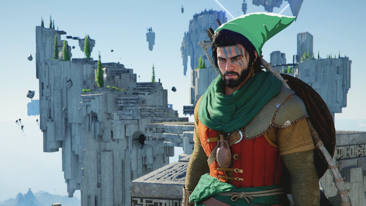 Protagonist Kliff steht auf den Himmelsinseln und trägt die Mützen von Link aus The Legend of Zelda.