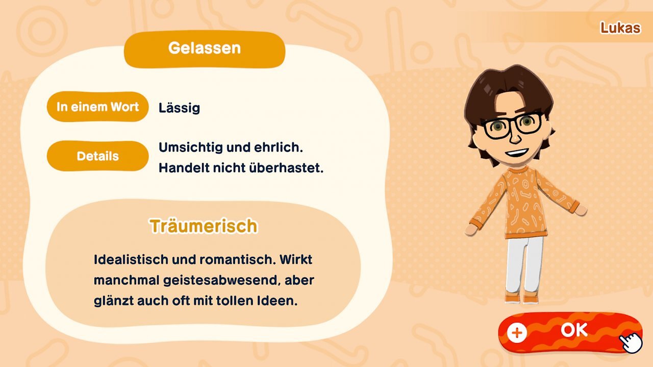 [27/03/2026] Seid ihr mit eurem Mii zufrieden, müsst ihr noch seine Persönlichkeit bestimmen. Das hat Einfluss auf sein Verhalten.