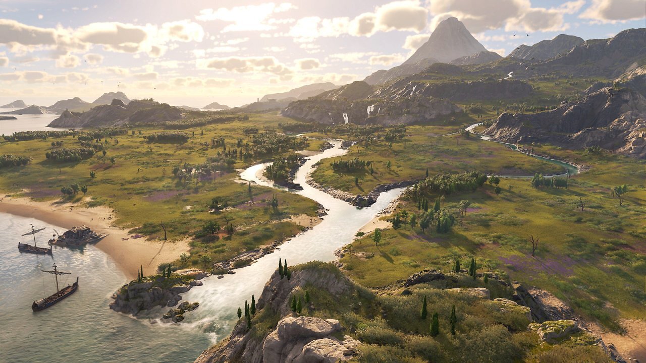 Eine grüne Insel, die von einem verzweigten Fluss durchzogen wird. Im Hintergrund ragt der Vulkan in den Himmel.
