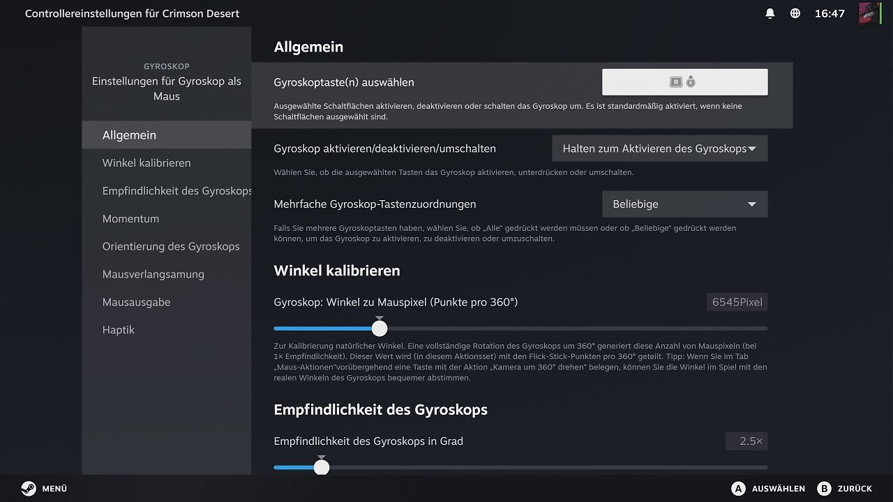 [27/04/2026] Hier seht ihr den Anfang des Optionsmenüs für die Gyroskop-Maus. Die Tooltips bemühen sich, euch die unfassbare Menge an Einstellmöglichkeiten zu erklären, was aber nicht immer gelingt - Probieren geht über Studieren.