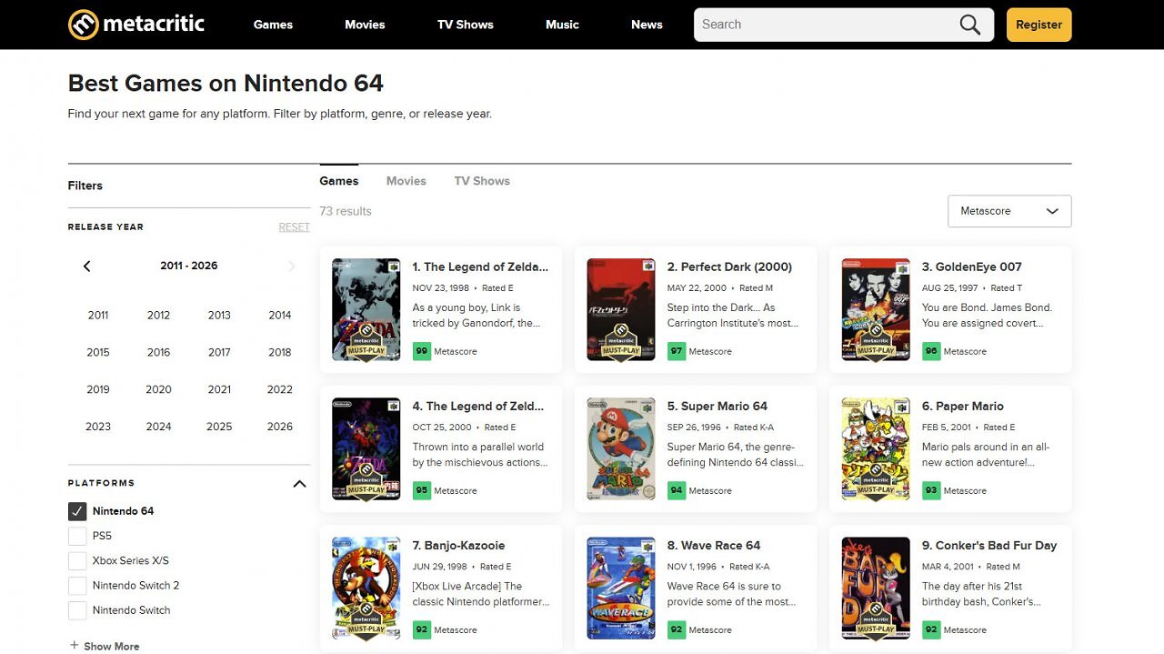 Screenshot der besten N64-Spiele auf Metacritic