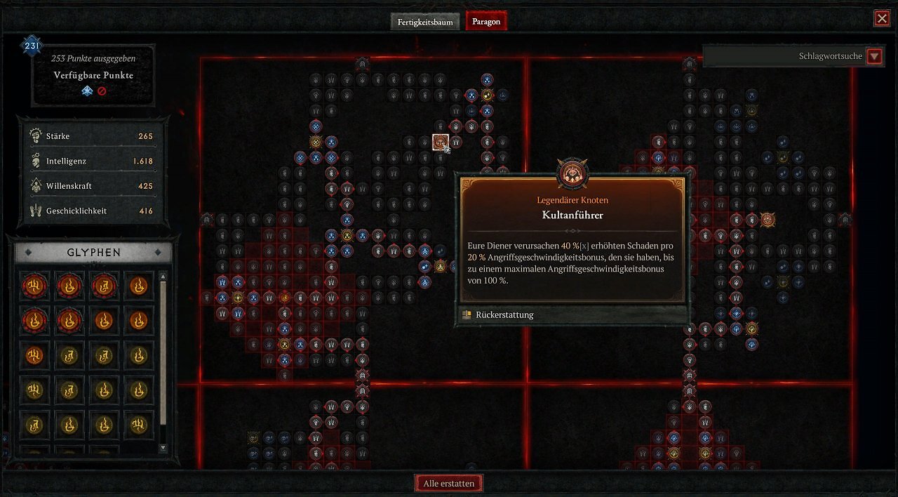 Diablo 4 Paragonbrett Menü-Screenshot mit ausgewähltem legendären Knoten Kultanführer und Tooltip zur Schadens-Skalierung durch Angriffsgeschwindigkeit für den Totenbeschwörer.