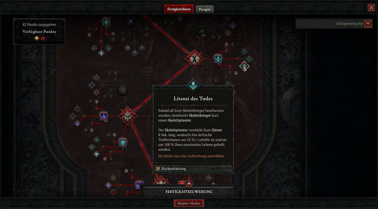 Diablo 4 Fertigkeitsbaum Menü-Screenshot mit ausgewähltem passiven Talent Litanei des Todes und Tooltip zum Skelettpriester-Buff für den Totenbeschwörer Frost-Lich Build.