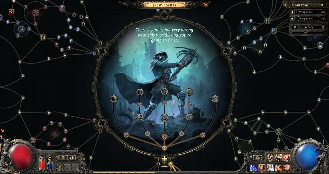 Gameplay-Screenshot aus Path of Exile 2 zeigt das massive Menü für passive Fähigkeiten (Passive Skills). In der Mitte prangt eine runde Grafik eines Jägers mit Armbrust und dem Textzitat "There's something very wrong with this world...", umgeben von einem riesigen, verzweigten Netz aus Talentknotenpunkten.