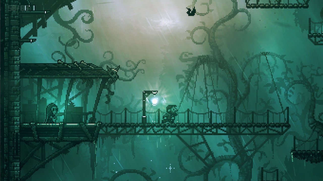 In Pixel-Optik gestalteter Holzsteg, der über Baumwipfeln schwebt. Auf dem Steg steht eine leuchtende Laterne.