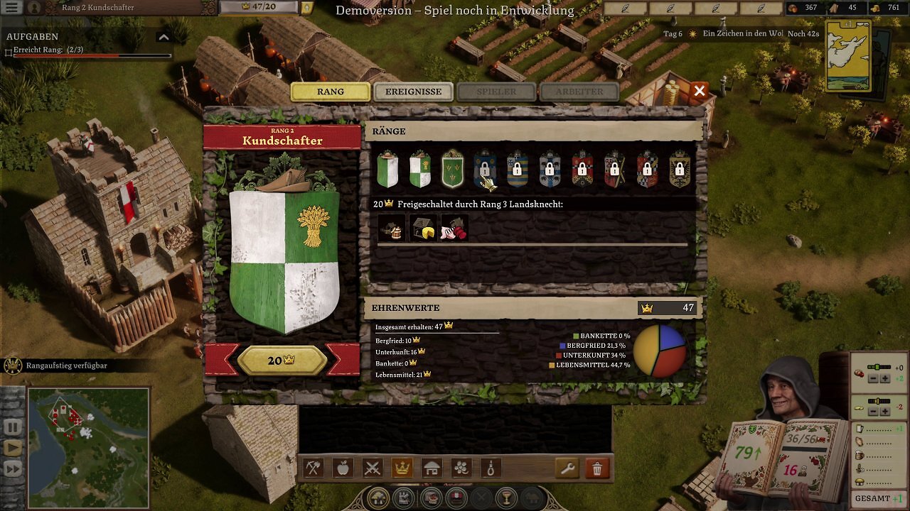 [26/06/2026] In Stronghold 4 können wir in einer Partie im Rang aufsteigen. Das kostet Ehre und schaltet weitere Gebäude und Einheiten frei.