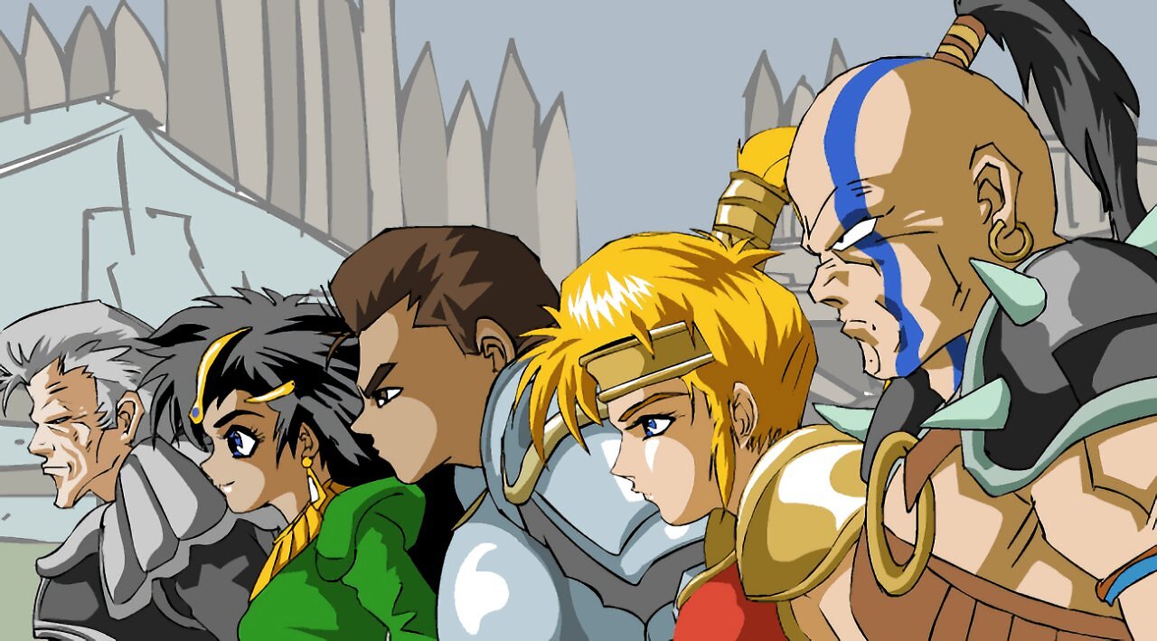 Eine farbige 2D-Zeichnung im markanten Anime-Stil der frühen 2000er Jahre. Fünf Charakter-Klassen aus Diablo 2 sind im Profil von der Seite hintereinander aufgereiht zu sehen. Von links nach rechts: Der Totenbeschwörer (Necromancer) mit grauen Haaren, die Assassine (Assassin) mit schwarzen Haaren, der Paladin im Profil, die Zauberin (Sorceress) mit blonden Haaren und Stirnband sowie im Vordergrund ganz rechts der Barbar mit blauer Kriegsbemalung im Gesicht und Zopf. Sie blicken alle ernst nach links. Der Hintergrund zeigt skizzierte graue Mauern.