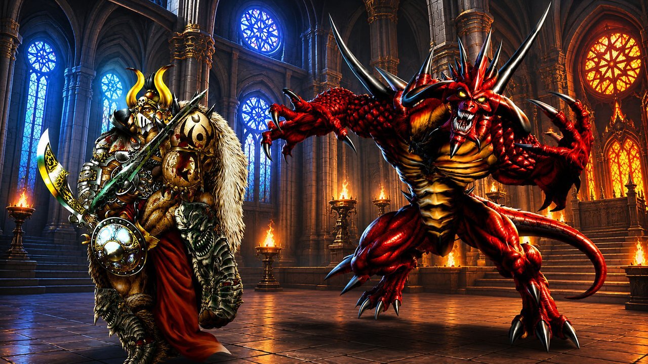 Ein düsteres 16:9-Wallpaper im klassischen Diablo 2 CGI-Stil. Auf der linken Seite steht ein mächtiger Barbar in goldener Rüstung mit Stierhörner-Helm, Skelettmaske und Krummsäbel in einer bläulich erleuchteten, gotischen Kathedrale. Auf der rechten Seite posiert der rote Dämon Diablo inmitten von Flammen. Die Mitte des Hintergrunds zeigt saubere, unaufgeregte Steinsäulen.