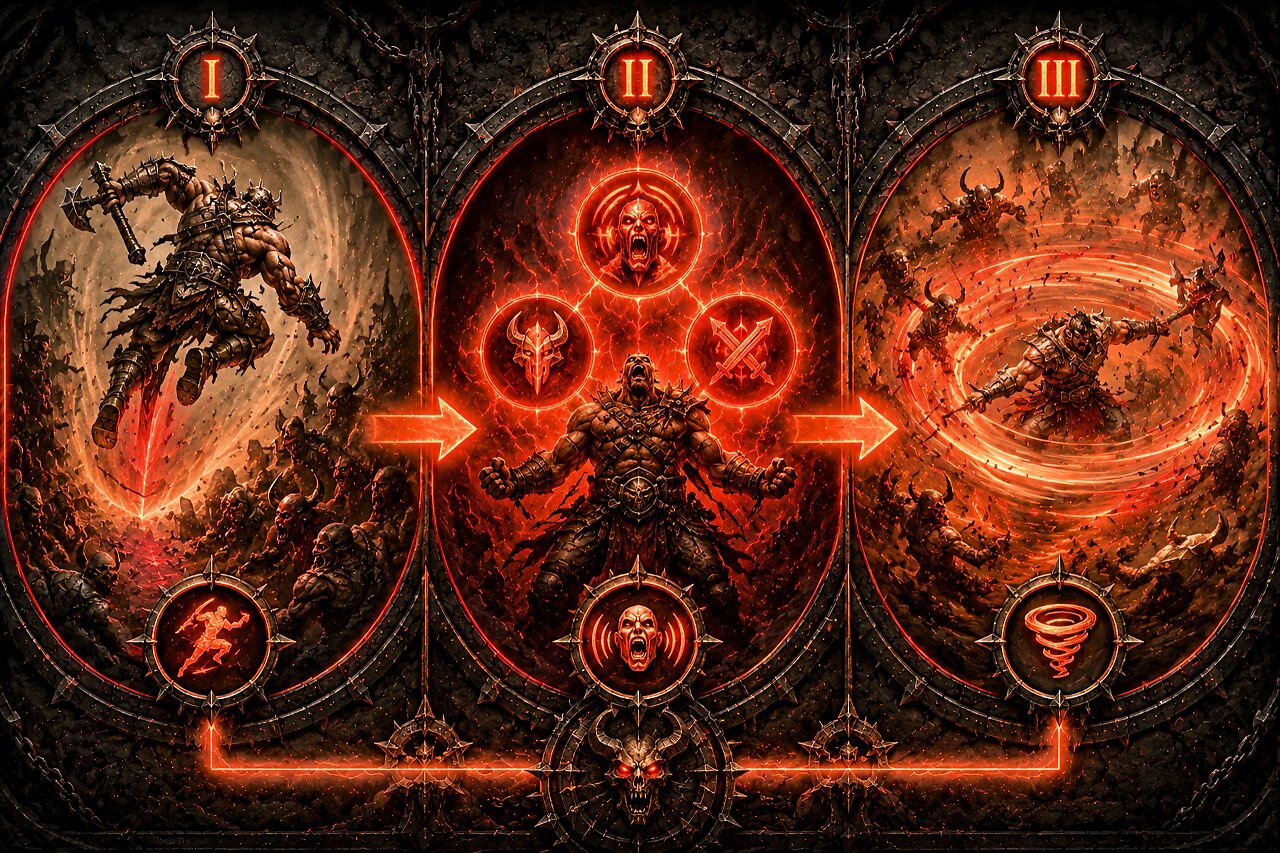 Eine dreiteilige Infografik im Diablo 4-Stil auf rissigem, schwarzem Stein, aufgeteilt in die römischen Ziffern I, II und III. Feld I zeigt einen Barbaren, der mit einer Axt mitten in eine Monsterhorde springt (Sprungschlag). Feld II zeigt einen brüllenden Barbaren im Zentrum, umgeben von vier glühenden roten Schrei- und Buff-Symbolen (Kriegsschreie). Feld III zeigt einen Barbaren, der inmitten von Dämonen einen massiven, feurigen Wirbelwind-Kreis zieht (Wirbelwind). Rote Energiepfeile und eine leuchtende Verbindungslinie am unteren Rand verdeutlichen den endlosen Rotations-Kreislauf.