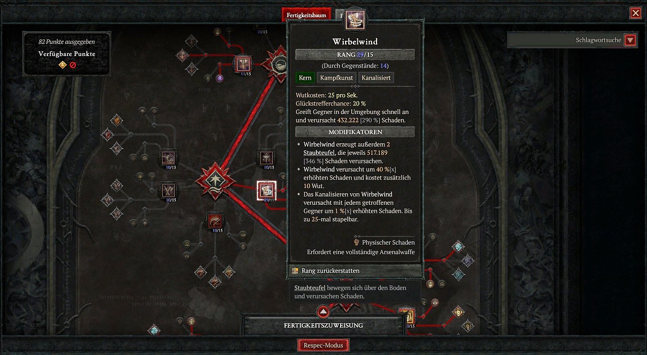 Ein Ingame-Screenshot des Fertigkeitenbaums aus Diablo 4: Lord of Hatred. Im Zentrum öffnet sich ein großes, detailliertes Tooltip-Fenster für die Kernfertigkeit "Wirbelwind", die mit "Rang 29/15 (Durch Gegenstände: 14)" ausgewiesen ist. Der Tooltip zeigt die Kategorien Kern, Kampfkunst, Kanalisiert und Physischer Schaden sowie die Wutkosten und die Glückstrefferchance. Darunter sind die aktiven Modifikatoren für das Erzeugen von Staubteufeln, den Schadensbonus durch zusätzliche Wutkosten und den stapelbaren Kanalisierungs-Multiplikator aufgelistet. Oben links steht das Interface-Feld "82 Punkte ausgegeben".