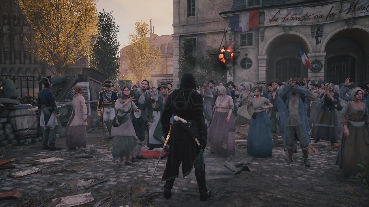 [23/07/2026] Wenn wir uns die französische Flagge und das Banner wegdenken, könnte so ein wütender Mob auch in Assassin's Creed Hexe unterwegs sein.