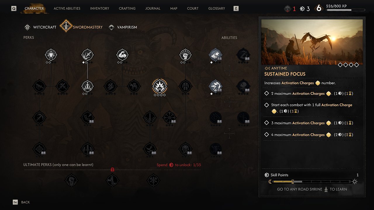 [02/07/2026] Hier zu sehen: der Skilltree für den Schwertkampf. Es gibt dazu noch jeweils einen weiteren Baum für Magie und die Vampirkräfte.