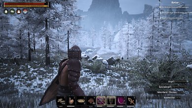 Conan Exiles im Test:&nbsp;Im Norden der Spielwelt wird es immer eisiger. Ein Schluck Met und Fellrüstungen schützen vor dem Kältetod.