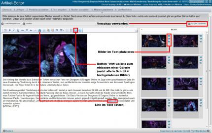 In Schritt 5 können die hochgeladenen Medien (Bilder und Videos) nun im Text eingebunden werden. In der rechten Spalte seht ihr Icons, die ein Bild entweder rechts oder links im Text einfügen oder in voller Breite über den Fließtext platziert werden.