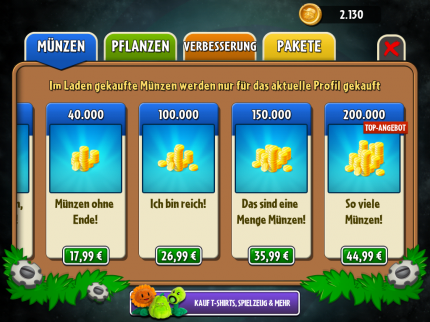 Absurd teuer: Der In-App-Shop von Plants vs. Zombies 2
