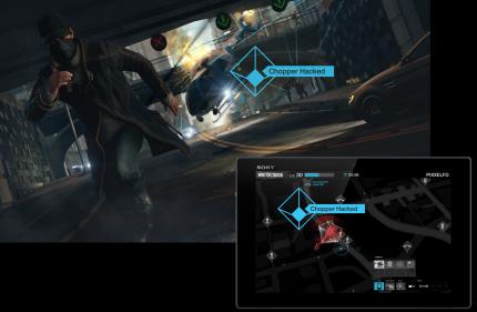 Watch Dogs in der Vorschau: Multiplayer gibt es auch lokal via Companion App. Am Tablet übernimmt ein Spieler die Polizei.