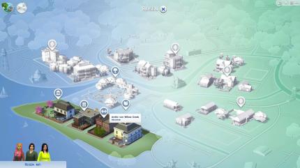 Die Spielwelt von Sims 4 ist unterteilt in zwei Stadtteile (oben links im Bild) und mehrere Wohnviertel. Alle sind getrennt durch Ladezeiten. Buh!