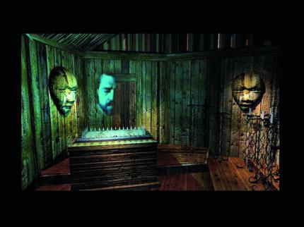 Eines dieser Gesichter ist menschlich: Videoeinblendung in Myst (1993).