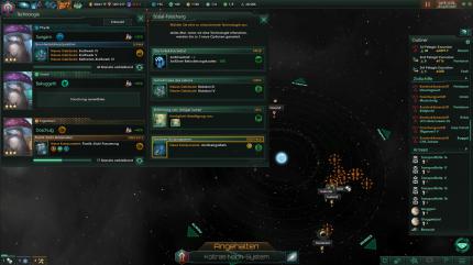 In Stellaris forscht ihr in drei Feldern parallel. Welche Technologien als Forschungsziele zur Verfügung stehen, entscheidet teilweise der Zufall.