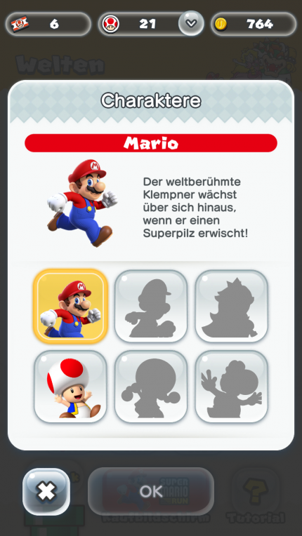 Super Mario Run enthält sechs Charaktere - Mario, Luigi, Yoshi, Toad, Toadette und Peach.