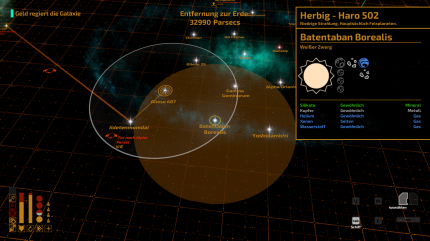 The Long Journey Home: Die jeweilige System-Info gibt euch an, welche Rohstoffe hier zu finden sind, aber nicht, auf welchen Planeten. Das erfahrt ihr erst, wenn ihr in einem Orbit seid. Schade ist, dass die in der Preview-Version noch enthaltene Karten-Legende in der Release-Fassung fehlt.
