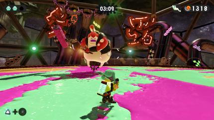 Die Bosskämpfe zählen wie schon im ersten Splatoon zu den Highlights der Einzelspieler-Kampagne. Hier nehmen wir es etwa mit einem Oktosamurai auf einem Einrad auf - schräg!