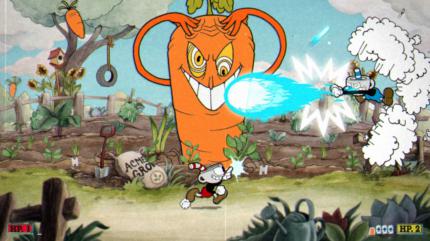 Unkraut jäten: Zu zweit ist Cuphead nicht unbedingt einfacher, Spaß macht das kooperative Spiel aber allemal. Stirbt der Freund, könnt ihr ihn unter Umständen retten.
