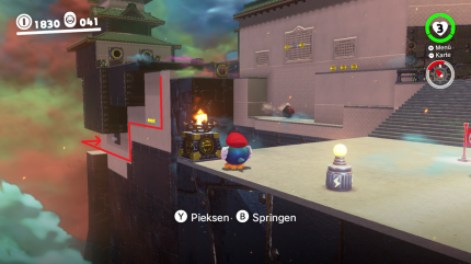 Bowsers Land - 6. Mond: Dieser Mond ist nicht der einzige, den ihr nur in der Gestalt eines Piekmatzes erreicht. Ohne die Vögelchen mit den spitzen Schnäbeln wärt ihr in Bowsers Festung also ganz schön aufgeschmissen.<br>
 
