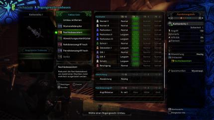 Monster Hunter World - Leichtes Bogengewehr - Umbauten beim Schied verleihen bessere Rückstoß-Dämpfung oder schnelleres Nachladen.