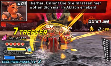 Mit voller Fahrt und Booster-Unterstützung rammt ihr die Monster. Eure Begleiter (oben links) halten euch auf dem Schlachtfeld stets auf Trab und kommentieren das Geschehen.