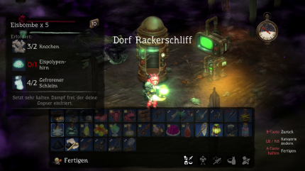 Ein wüster Screen: Das Crafting-Menü hat eine Sortierfunktion, das Inventar nicht. Minutenlanges Suchen ist die Folge.