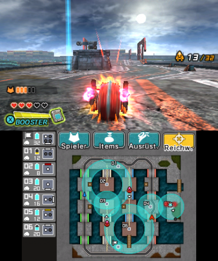 Wenn ihr den Booster einsetzt, ist Dillon noch schneller als üblich. Auf dem unteren 3DS-Bildschirm seht ihr permanent die Karte des Kampfgebiets.