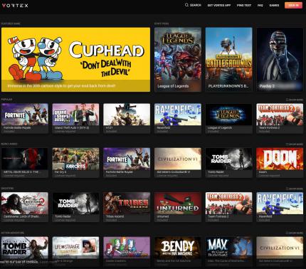 Die Übersicht auf deri Vortex-Website zeigt enthaltene und kompatible Spiele nach Genres sortiert