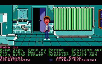 Was verbirgt sich hinter dem Duschvorhang? Dave durchstöbert das Landhaus von Doktor Fred auf der Suche nach seiner verschwundenen Freundin Sandy. (C64)