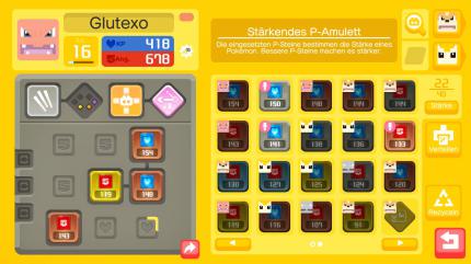 Diese Ansicht bekommt ihr in Pokémon Quest oft zu sehen. Mit den P-Steinen verstärkt ihr eure Pokémon enorm.&nbsp;