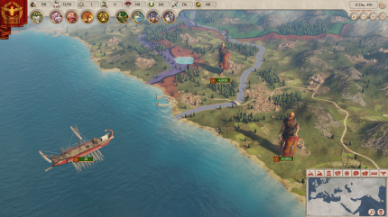 In der höchsten Zoomstufe offenbart <em>Imperator: Rome</em> viele schöne Details, darunter hübsch modellierte Straßen, Dörfer, Wälder und Militäreinheiten.<br>
 