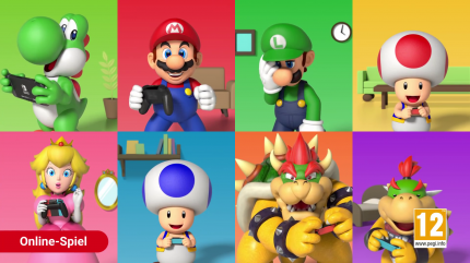 Acht Mario-Charaktere spielen gemeinsam Nintendo Switch